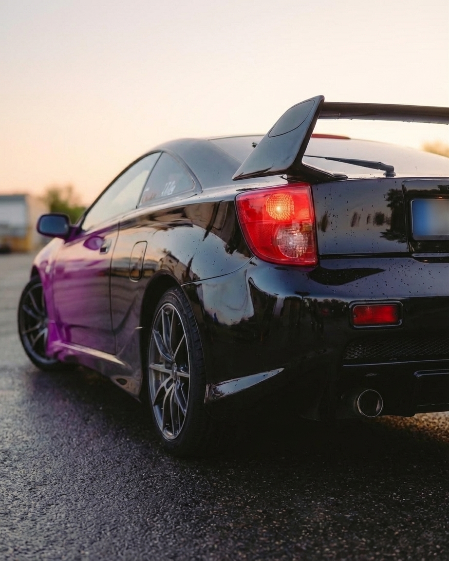 Toyota Celica Pink-Schwarz Heckansicht bei Sonnenuntergang — Lackierung Smart Repair Buschel