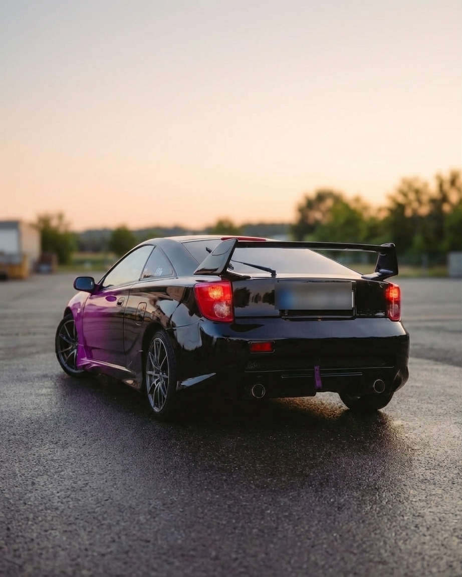 Toyota Celica Pink-Schwarz Heckansicht zentral bei Dämmerung — Smart Repair Buschel